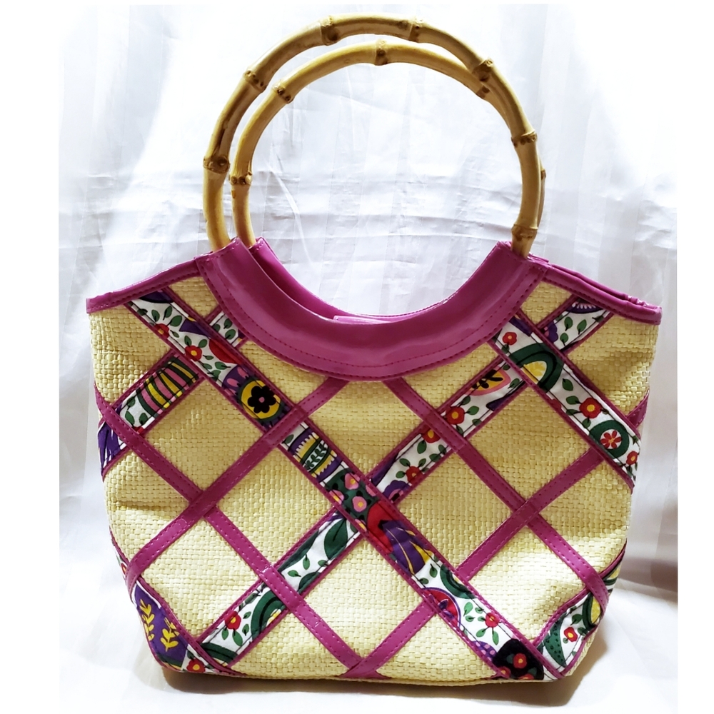 Vera Bradley Viva La Vera Pink Shoulder Bag Purse Bamboo Straw Style - Picture 2 of 12